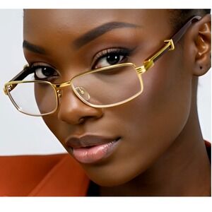Rimless Rectangle Glasses Gold Frame Wood Arms Women Fashion Eyewear Trendy 2026